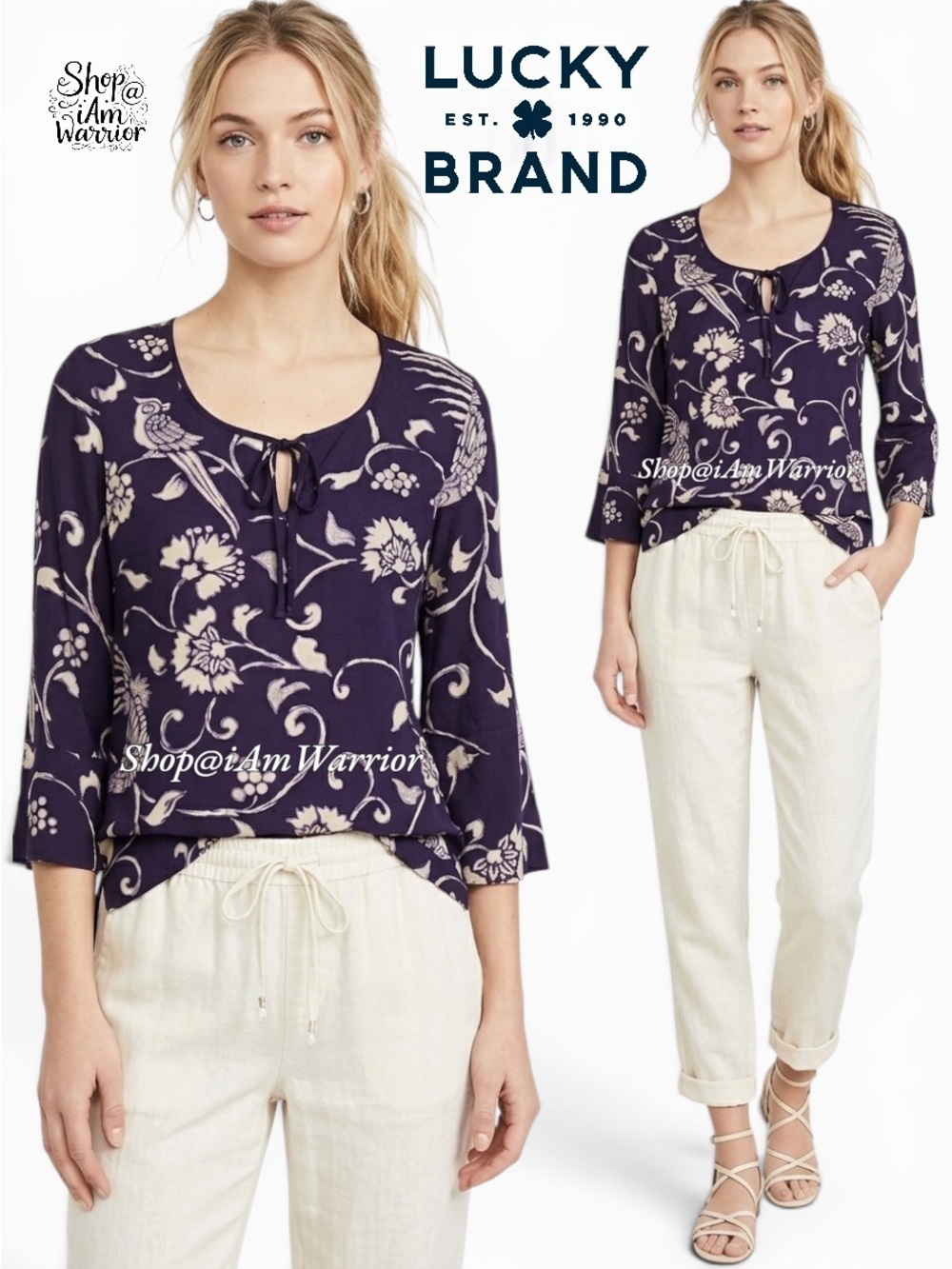 Lucky Brand purple bird floral print neck tie top *shop@iamwarrior